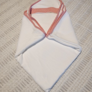 White Hooded Bath Towel with Red and White Seersucker Trim