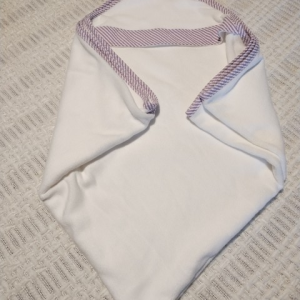 White Hooded Bath Towel with Lavender and White Seersucker Trim