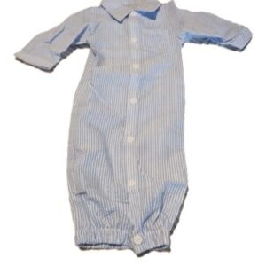 Blue and White Seersucker Gown with Pocket Button Down with Elast
