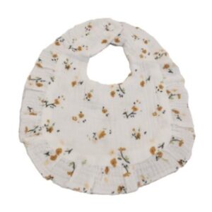 Muslin Ruffled White Bib With Gold Flowers 9.5 X 11 inches