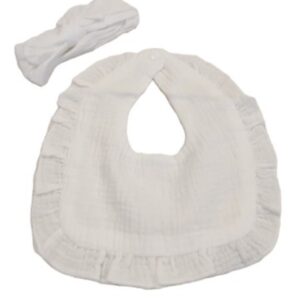 Muslin Ruffled White Bib 9.5 X 11 inches with Bow Headband