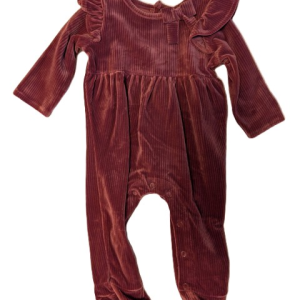 Dark Mauve Velour Corduroy Onesie With Bow - Size 0-3 Months