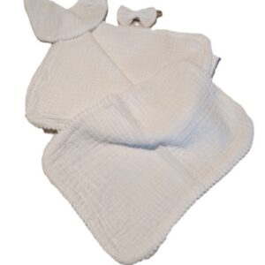 Infant White Muslin Blanket, Bib, Bow and Burp Cloth With Popcorn