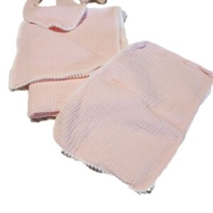 Infant Pink Muslin Blanket, Bib, Bow and Burp Cloth with Popcorn