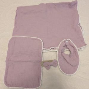Infant Lavender Muslin Blanket, Bib, Bow and Burp Cloth with Popc