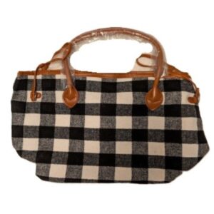 Black and White Gingham Tote Bag with Vegan Leather Handles 20.5
