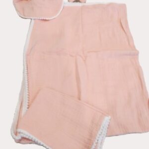 Muslin Blanket Burp Cloth Bib and Bow Set - Coral - Popcorn Trim