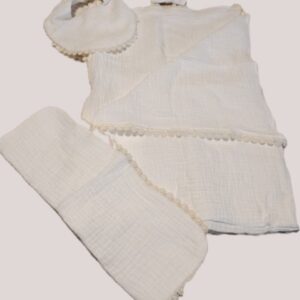 Muslin Blanket Burp Cloth Bib and Bow Set - White - Lace Trim