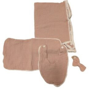 Muslin Blanket Burp Cloth Bib and Bow Set - Khaki - Popcorn Trim