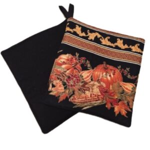 Thanksgiving Pumpkin Gourds Leaves and Corn on Black with Gold Bo