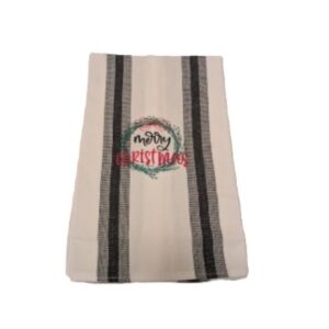 Black and White Stripe Dish Towel with Merry Christmas Embroidery